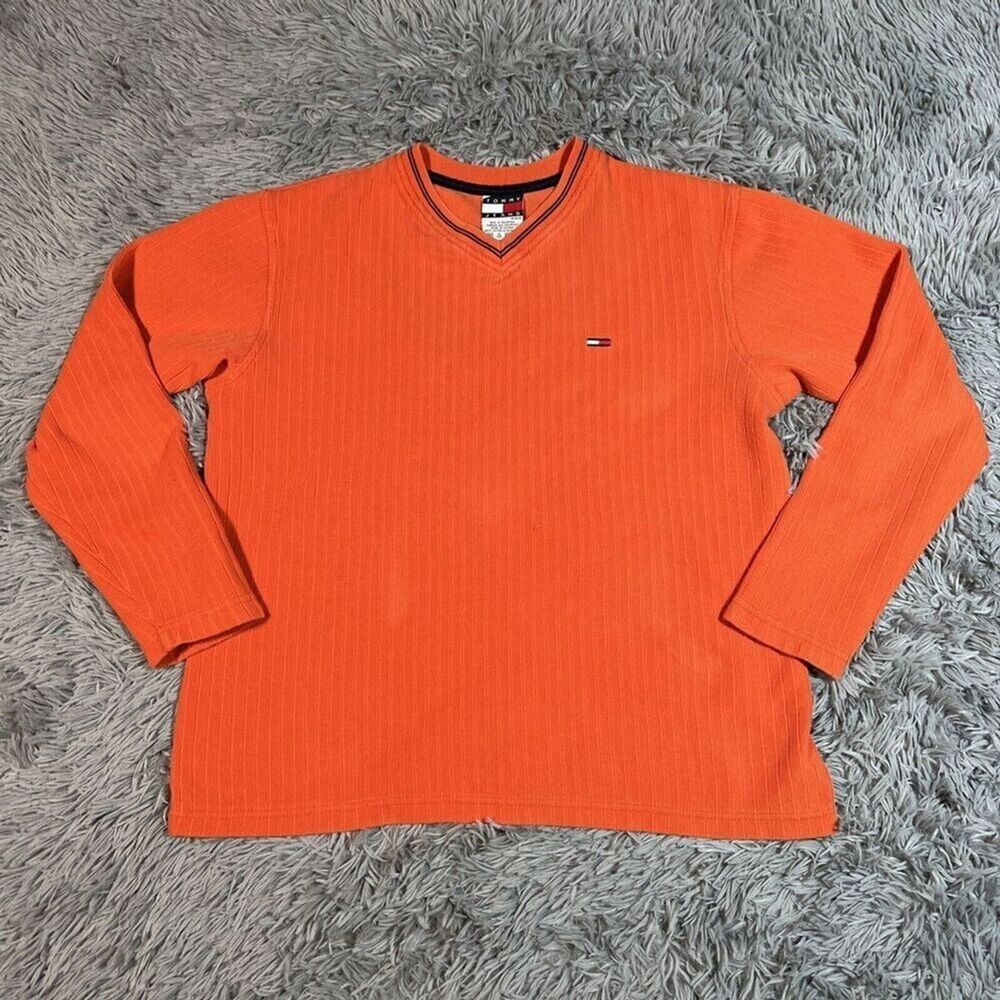 Vintage Tommy Jeans V Neck Ribbed Long Sleeve Shirt Sweater Men’s Medium Orange